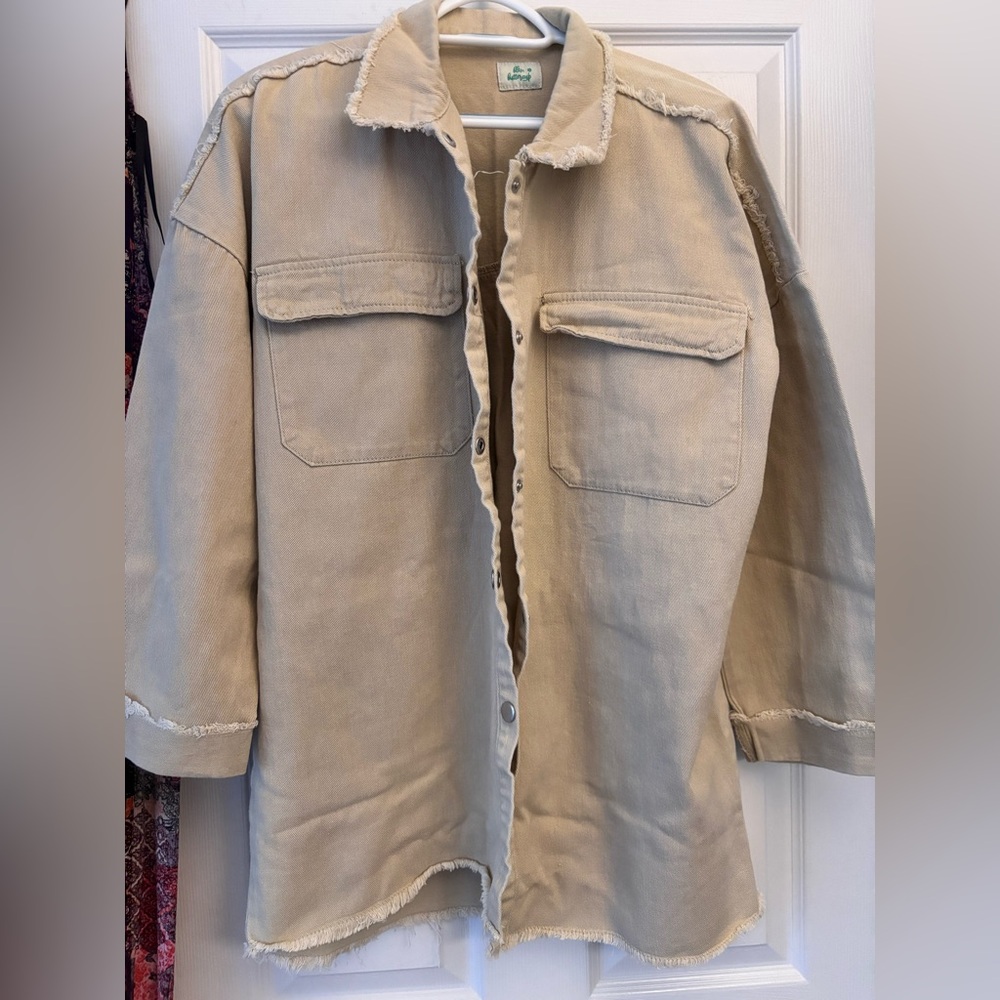 Blue Buttercup Rock & Roll Denim Jacket Mocha w/ White Sherpa Lettering Medium - Picture 3 of 4